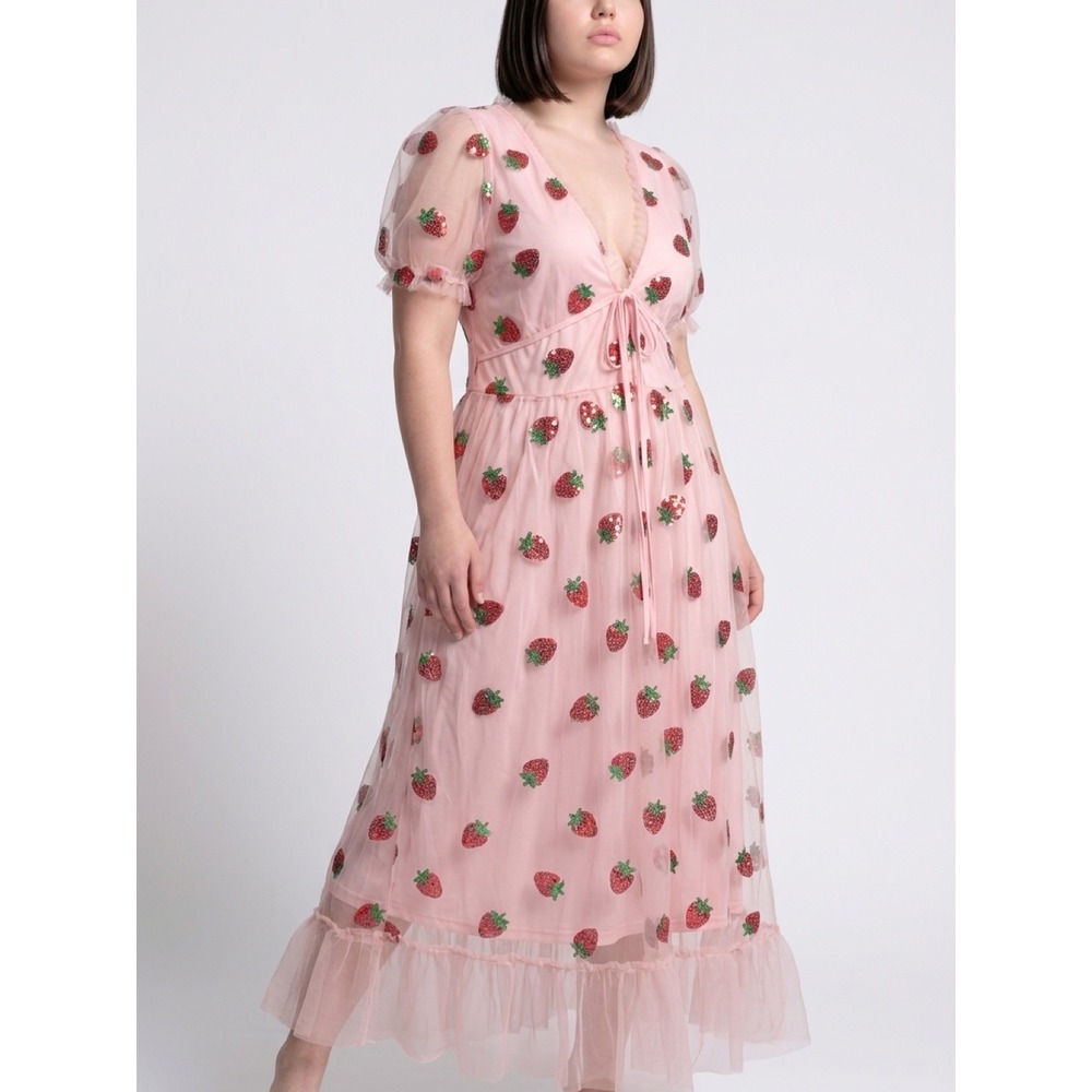 NWT Yoins Pink Strawberry Sequin Tulle Dress Short Puff Sleeve Cottagecore XL